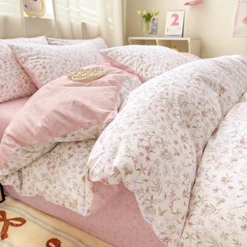 Michorinee Floral Double Duvet Cover Set 100% Cotton Pink and White Chic Flower Reversible Quilt Cover Bedding Set with Zipper Closure and 2 Pillow cases 50 x 75 cm