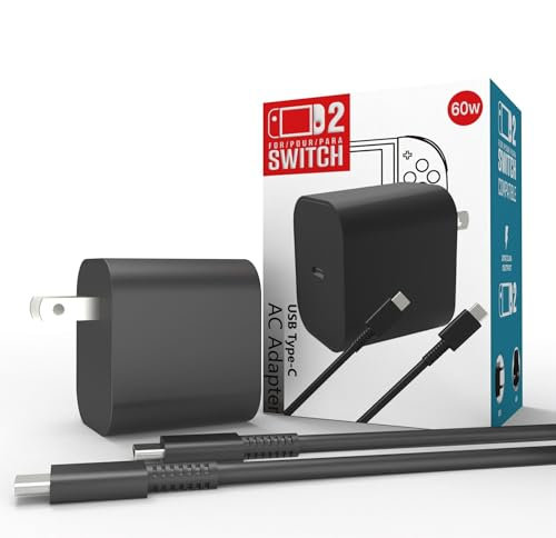 Cargador para Nintendo Switch 2, Adaptador De Corriente para Switch 2, Carga Rápida de 60W USB Tipo C, Compatible con Modo TV Dock Switch Lite/Switch OLED/Steam Deck/Switch Dock Adapter (Negro)