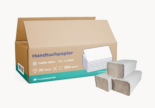 Inoverse 5000 Blatt Papierhandtücher - 25x23 cm ZZ-Falz - Grau, Falthandtücher, Paper Towels, Papiertücher für Spender, Einmalhandtücher, Handtuchpapier, (20 pc x 250 blatt)
