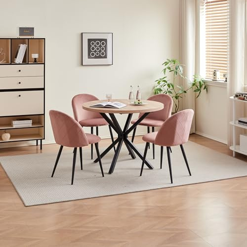 GrandCA HOME Ensemble Table et Chaises, Table Ronde de 100 cm et 4 Chaises en Velours Nordique, Idéal pour Le Salon, la Salle à Manger et la Cuisine (Grain de Bois Clair + Rose)