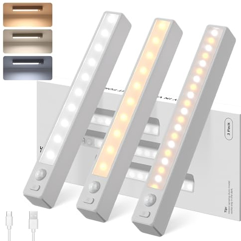 Schrankbeleuchtung LED Bewegungssensor, 7000/4500/3000 K Farbtemperatur | 18 cm Kompakt Treppenlicht, Helligkeitsregelung, Magnetlampe, USB-C Aufladbar für Schubladen, Vitrinen(3er Pack)
