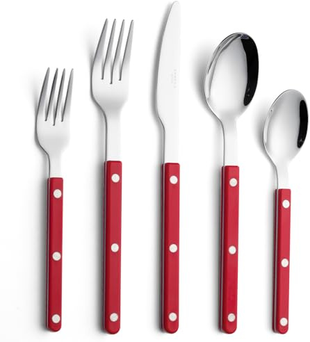 ANNOVA Juego de cubiertos, juego de cubiertos de acero inoxidable retro/rivet de colores, incluye cuchillos, tenedores, cucharas, tenedores para ensalada y cucharas para postre(Rojo, 10 piezas)