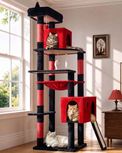 Globlazer F70 Pro Arbre a Chat XXL Gothique 180 cm pour 2-4 Chats Adulte | Stable Coin Arbre a Chat avec Doux Hamac, 2 Grande Niches, Plateforme, Pente Sisal Peluche pour Gros Chats Repos Jeu Escalade