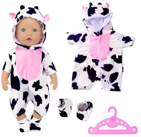 3-teiliges Puppenkleidung Puppen Set Kuhmuster für 40-45 cm und 16-18 Zoll Puppen Enthält Strampler, Schuhe, Kleiderbügel