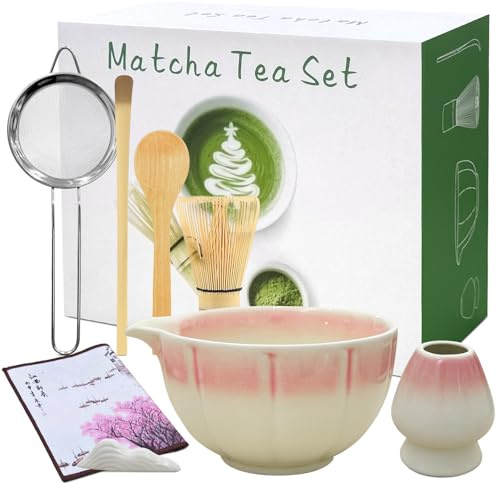 8 PCS Matcha Whisk Set, Japanese Matcha Ceremony Set, Bamboo Chasen Whisk, Ceramic Tea Bowl, Scoop, Strainer and Matcha Whisk Holder – Handcrafted Japanese Tea Set for Matcha Lovers (Pink)