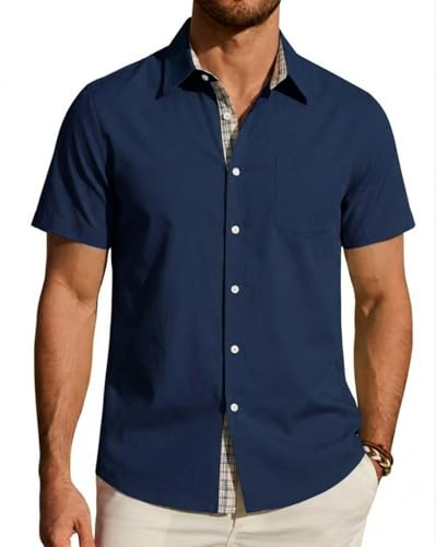 Focixfor Men's Short Sleeve Shirt Fashion Casual Summer Beach Regular Fit Button Top with Pocket Navy Blue M