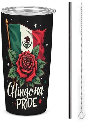 Melbrakin Chingonas Pride Isolierbecher aus Edelstahl mit mexikanischer Flagge und Rose (590 ml), doppelwandig, mit Strohhalmdeckel, ideal als Geschenk für Kaffeeliebhaber.