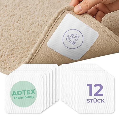 Teppich Antirutschunterlage Antirutsch Pads [AdTex Technology] 12Stk. Anti Rutsch Pads Waschbar +Ersatzklebestreifen Anti Rutsch Teppichunterlage rutschfest Antirutschmatte für Teppich 10x10cm