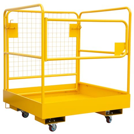 Heavy Duty Collapsible Forklift Safety Cage Man Basket, 36x36 in, 1200 lbs Capacity, Carbon Steel, Wheels & Safety Harness, Collapsible Personnel Lift, Fits Forklifts, With Casters