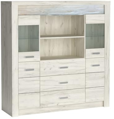 Masseno Kommode ZERI 137 cm Sideboard mit 3 Schubladen und 4 Türen für Wohnzimmer Schlafzimmer Modern 137x42x141,5 cm Eiche Bianco