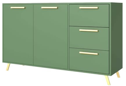 Masseno Kommode Elise 140 cm Sideboard mit 3 Schubladen und 2 Türen für Wohnzimmer Schlafzimmer Modern 140x41x86 cm Grün