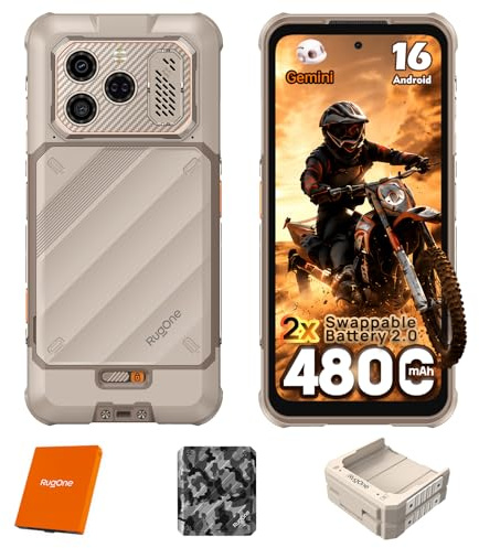 RUGONE Xever 8 Rugged Smartphone 2026, Rugged Phone Android 16 with 2×4800mAh Swappable Battery, 117dB, 16GB+256GB/2TB, 64MP+32MP+20MP, 120Hz 6.5 FHD+, TorchX 230, 3-Card Slot 4G Sand Dune