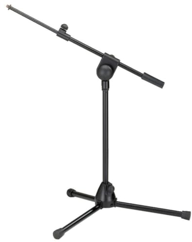 MONACOR MS-20/SW Mikrofon-Bodenstativ, Mikrofonständer mit längenverstellbarem, schwenkbarem Ausleger und trittschallgedämpften Klappfüßen, Gewinde 9 mm (3/8), in Schwarz