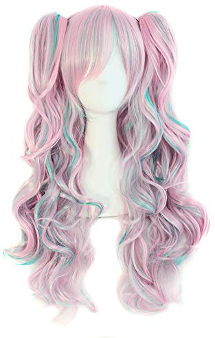 MapofBeauty farbige Lolita lange lockige geheftet auf Pferdeschwanz Cosplay Perücke (rosa/blau)