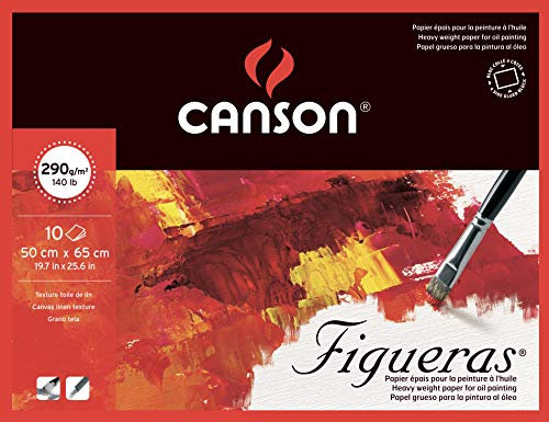 Canson Figueras, Papel óleo, Lienzo de tela, 290g, Block pegado a 4 lados, 50x65cm, Blanco, 10 Hojas