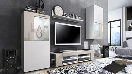 Vladon Wohnwand Movie, Anbauwand bestehend aus 1 TV-Board, 2 Vitrinen und 1 Regal, Weiß matt/Weiß matt/Sandgrau Hochglanz, inkl. LED-Beleuchtung weiß (Gesamt: 300 x 190 x 39 cm)