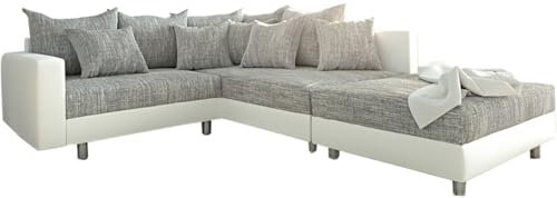 DELIFE Eckcouch Clovis Weiss Hellgrau Hocker Armlehne Ottomane Rechts Ecksofa Modulsofa