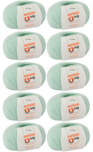 Babywolle - Merino Baby mint (Fb 6045) - 10 Knäuel Baby Wolle mint + GRATIS Label - Babywolle häkeln - Babywolle Merino zum Stricken - 25g/140m - Nadelstärke 2,5-3mm - weiches Babygarn von MyOma