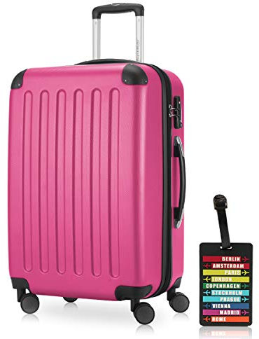 Hauptstadtkoffer - Spree - Hartschalenkoffer Rollkoffer + Kofferanhänger, erweiterbarer Reisekoffer, TSA, 4 Rollen, 65 cm, 74 Liter, Magenta