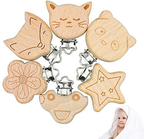 KARAA 6 Pcs Schnullerketten Clip Schnuller Clip Holz Baby Nuckelclip Schnullerclips Sicher Nuckelclip Nippel Halter Panda Katze Blume Fuchs Stern Auto Design