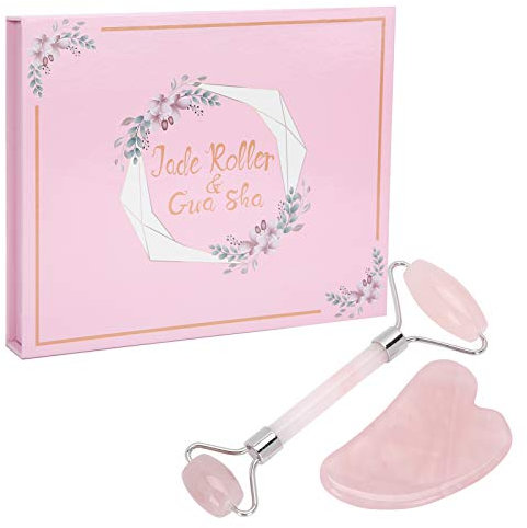 Natürliches Rosenquarz Jade Roller - Gesichtsmassagegerät für Haut Augenhals, Gua Sha Set mit Jade Roller und Gua Sha Steine (Silber)