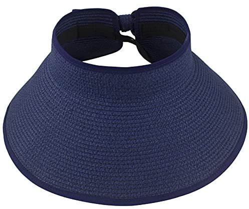 Muryobao Chapeau de paille à large bord pliable et pliable pour femme Protection UV pour la plage et les voyages, bleu marine, Taille unique