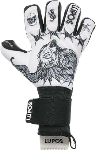 Lupos Tattoo Goalkeeper Gloves for Adults and Kids. Negative Cut, 4+3 mm Giga Grip Palm, Mesh Backhand with Digital Print and Transparent Injected Silicone Strips. (10)