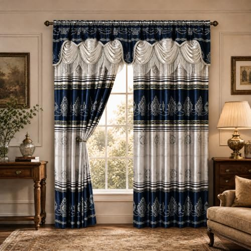 GOHD GOLDEN OCEAN HOME DECOR Harmony Horizon Jacquard-Fenstervorhang, mit passendem Volant, 2-teiliges Set, je 137,2 cm breit x 228,6 cm lang, mit Volant, Marineblau