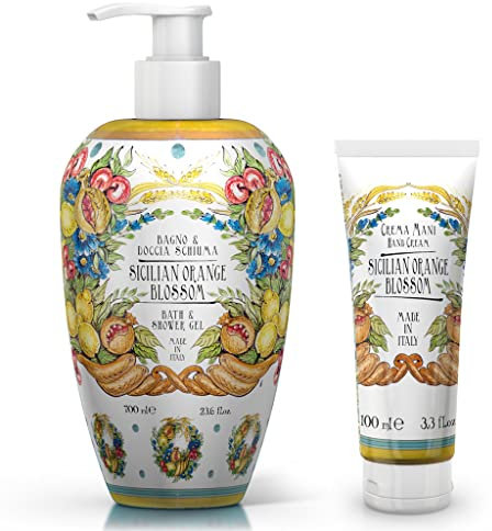 Le Maioliche - SICILIAN ORANGE BLOSSOM - Bad und Dusche 700 ml + Handcreme 100 ml - Made in Italy - Noten von Zitrone, Orange, Mandarine + 2 funktionelle Kräutertees Viropa