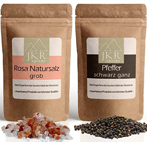 JKR Spices Schwarzer Pfeffer ganz + Rosa Natursalz grob - Kombi Angebot - je 500g (2x 500g) | ganze Körner + Salz für Pfeffermühle | 100% natürlich
