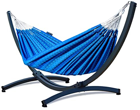 Potenza Outdoor Hängematte mit Tytan Gestell für 2 Personen I 100% Baumwolle Morena Doppelhängematte 230x160 cm, 220kg I Hängemattengestell 350kg, wetterfest (Blau, Basic Gestell Graphit)