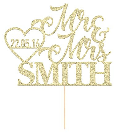 Personalised Wedding Cake Toppers Customised Wedding Gifts for Couple Double Sided Glitter Paper with Any Name Date (Champagne Gold)