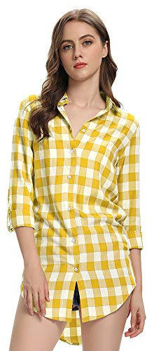 Tianerhay Femme Chemise Plaid Casual Chemisier à Carreaux Flanelle Tunique Manches Longues Blouse Top Jaune M