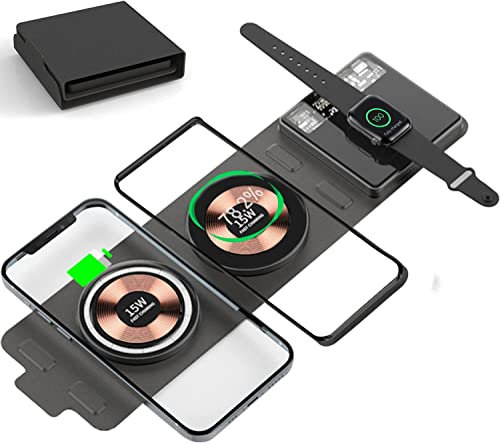 [Dual 15W] Foldable Travel Wireless Charger, 3 in 1 Magnetic Wireless Charging Station Compatible with MagSafe Charger for iPhone 16/15/14/13/12, Samsung Galaxy, iWatch Ultra/8/7/6/SE/5/4/3, AirPods