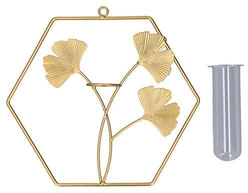 JYCRA Gold Ginkgo Biloba Dekorative Vase Zum Aufhängen an der Wand, Modische, Exquisite Pflanzgefäße mit Geometrischem Metallrand