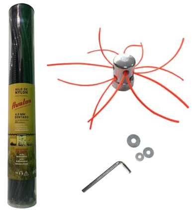 Avalon Cabezal Desbrozadora Universal Cabezal Multihilo Aluminio Profesional + Tiras de Hilo Dentado de Nylon Precortado 4,5 mm - 60 Unidades para Desbrozadora y Cortacésped
