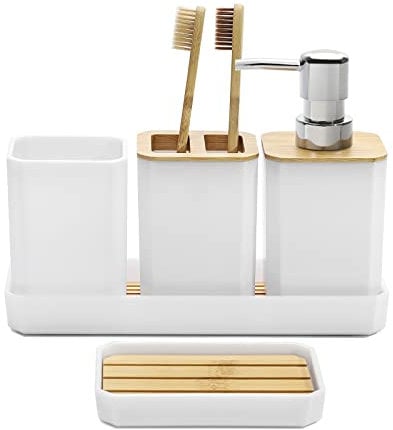 FEILANDUO Juego de Accesorios de baño, Juego de 5 Accesorios de baño, dispensador de jabón, jabonera, Soporte para Cepillo de Dientes, Boho, decoración Moderna de baño (Blanco)