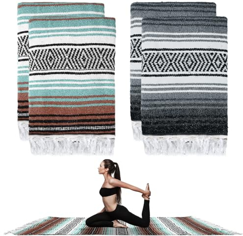 Preboun Large Mexican Yoga Blanket, Gray, Orange Green