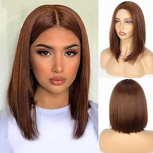 PORSMEER Auburn Braune Perücke Kurze Gerade lace hairline front wig Bob Perücken Mittelscheitel für Frauen Wear and Go Glueless Wig Natürliche Kunsthaar für Tägliche/Fasching
