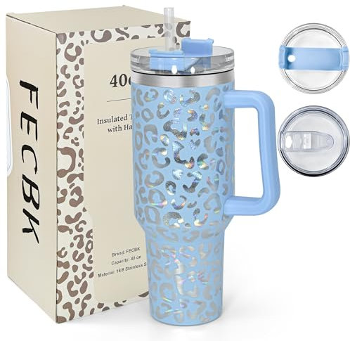 FECBK Mug Isotherme avec Paille et Poignée 1.2L, Tasse Isotherme 100% Anti-fuite, 34 Heures Froid, 12 Heures Chaud, Gobelet en Acier Inoxydable, Lavable au Lave-Vaisselle, Léopard Hawkes Bleu