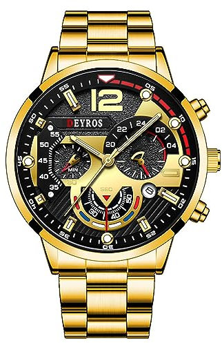 JewelryWe Uhren Herren Metallarmband Leuchtzeiger - Gold Einzigartig Analog Quarz Armbanduhr Männer Legierung Armband Uhr mit großem runden Zifferblatt und Leuchtenden Zeiger