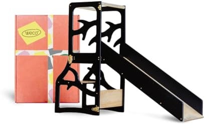 Weco Kinder-Lernturm 3 in 1 mit Rutsche weißer Tritthocker Schreibtisch Rutsche Montessori Möbel Küchenhelfer klappbar (Schwarz)