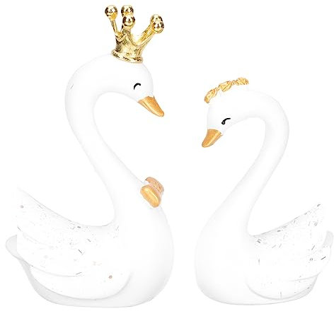 Kichvoe 1 Paar Schwanenpaar-Statue Kronenliebhaber Schwänefiguren Schwanenpaar Herzskulptur Sammlerstück Ornament Briefbeschwerer Für Hochzeit Valentinstag Auto Tischdekoration Weiß