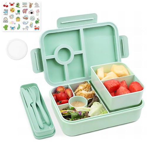 Bugucat Brotdose Kinder mit Fächern 1300ML 3PCS, Lunchbox Kinder Auslaufsicher mit 4 Fächern, Bento Box Lunch Box mit Fächern für Kinder Erwachsene, Frühstücksbox Vesperdose für Jungen&Mädchen Grün