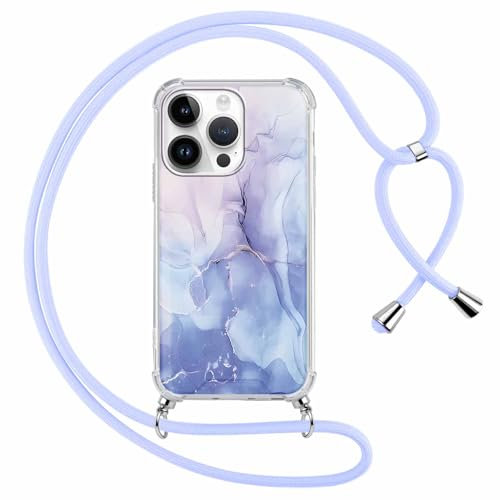 ZhuoFan Handyband für iPhone 12 Pro Max Hülle mit Band, Transparent Aesthetic Marmor Muster Handyhülle mit Kordel zum umhängen Necklace Case Silikon TPU + PC Stoßfest Schutzhülle, Blau
