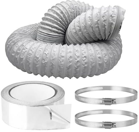 CLIUNT 6m Tuyau d'évacuation d'air,Ø125mm Blanc,Tube Flexible en Aluminium PVC,avec 2 Pinces et 1 Ruban Adhésif,pour Climatisation, Sèche-linge,Hottes Aspirantes