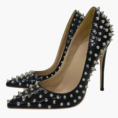 SPONYBORTY Damen-High-Heels mit Nieten spitzem Zehenbereich und 4,7-Zoll-Stiletto-Absatz Nieten-Slip-On-Schuhe für Hochzeit Brautkleid Abend open toe/Black/34EU