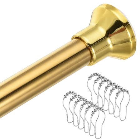 sourcing map Spring Tension Shower Curtain Rod No Drilling Adjustable 43-79 Inch Non-Slip 1 Dia Tension Curtain Rod with 12pcs Shower Curtain Ring for Curtain Doorway Closet, Gold Tone