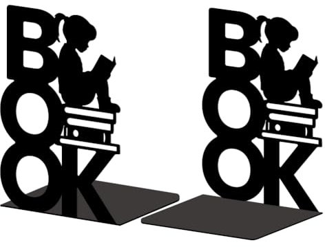 Peacoblue BuchstüTzen-Halter Aus Metall füR Dekorative Regale, 13.5 X 11 X 20 cm, Modern, Kreativ, Robust, BuchstüTzen, Stopper, Halter füR Schreibtisch, Regal, 1 Paar (Buch Und LesemäDchen)