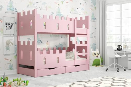 Hochbett Etagenbett Schlossdesign mit Rausfallschutz INKL. 2 Matratzen(Kinderbett für Jungen und Mädchen, robust, sicher, zwei Schubladen, Lattenrost - 80x160 oder 80x180cm) aus Kiefermassivholz